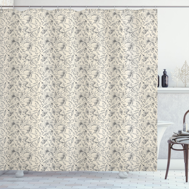 Rocks Flowers Leaves Sketch Shower Curtain