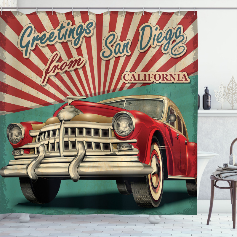 Greetings Words Retro Car Shower Curtain