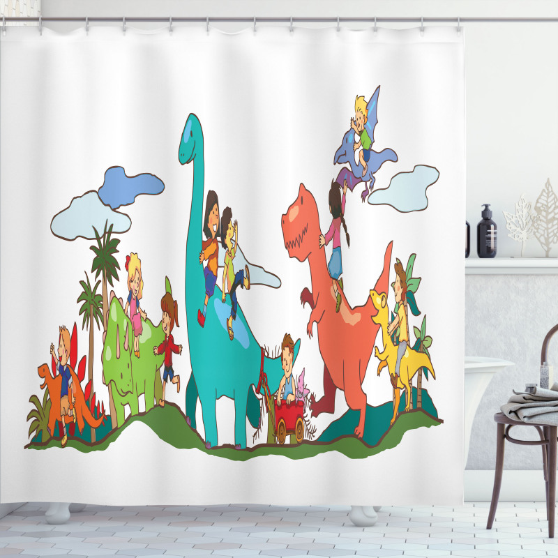 Kids Playing Dinosaurs Shower Curtain