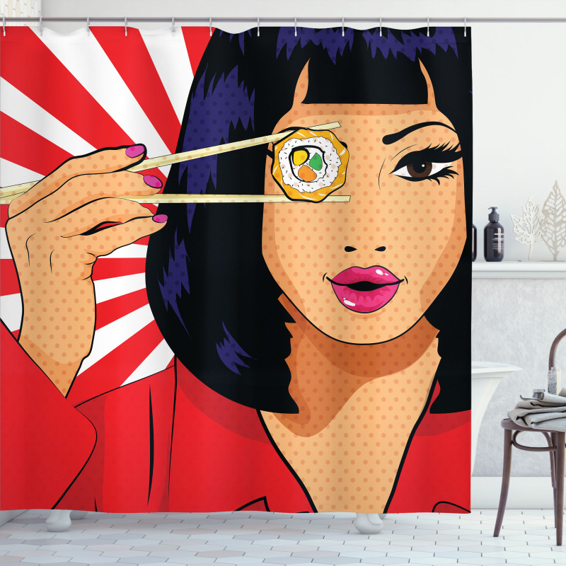 Pop Art Style Girl with Sushi Shower Curtain