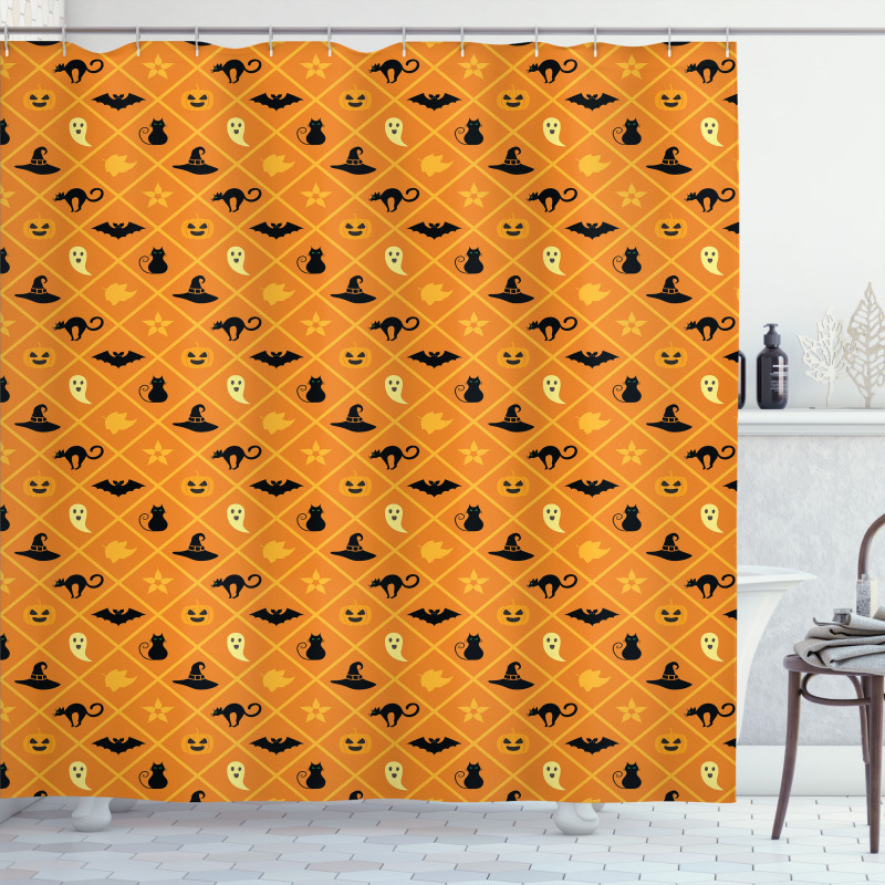 Cat Hat Bat Leaves Pumpkin Shower Curtain