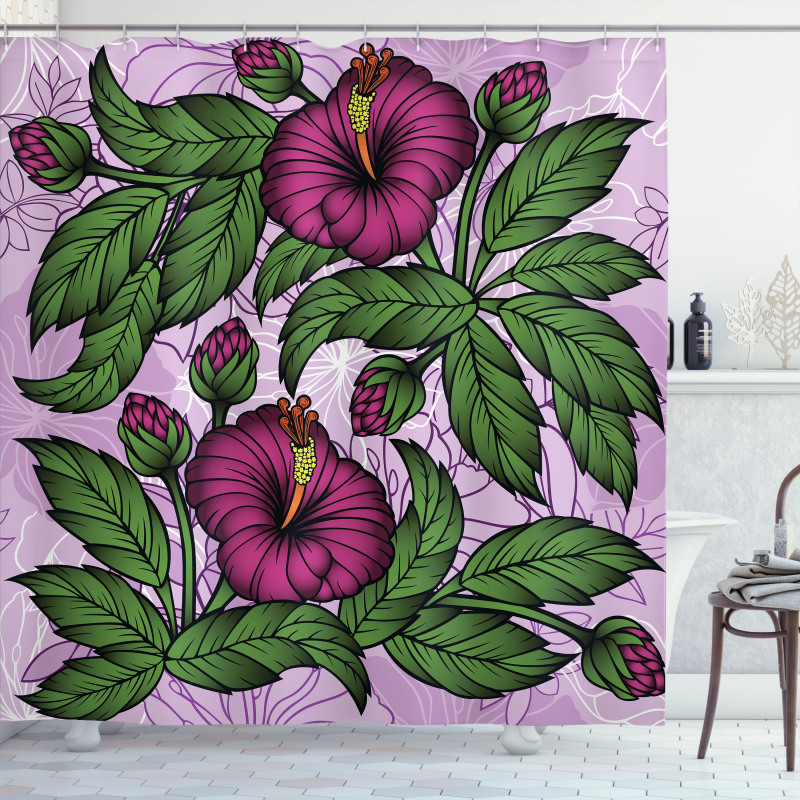 Hibiscus Blossoms Pattern Shower Curtain