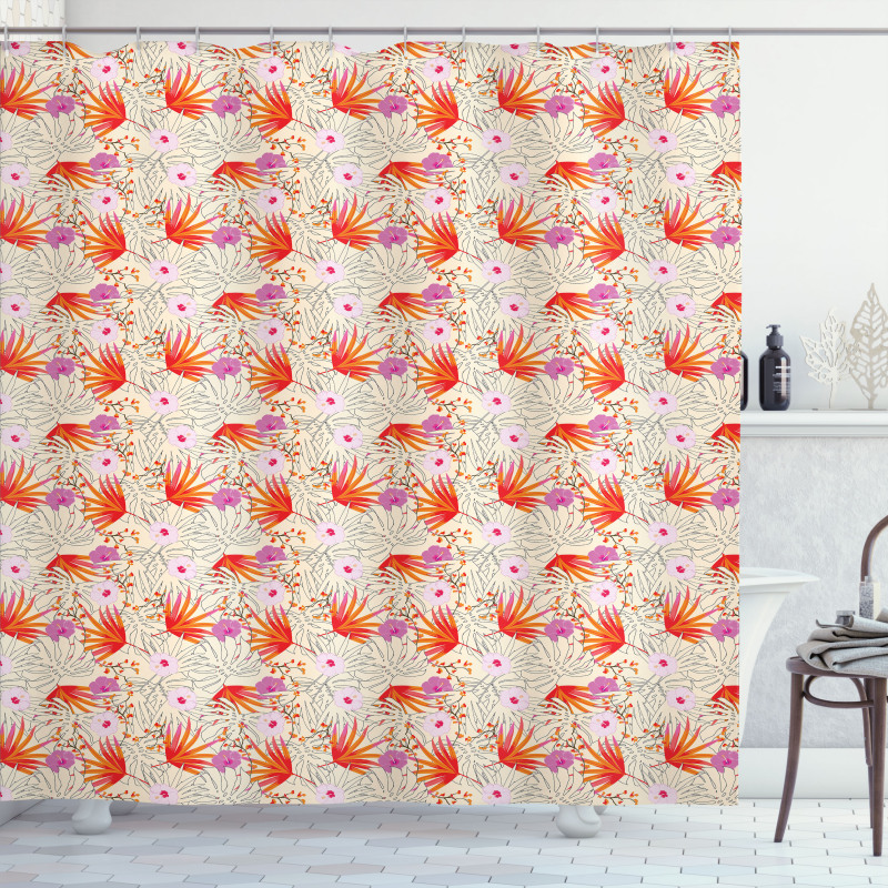 Plants and Hibiscus Flowers Shower Curtain