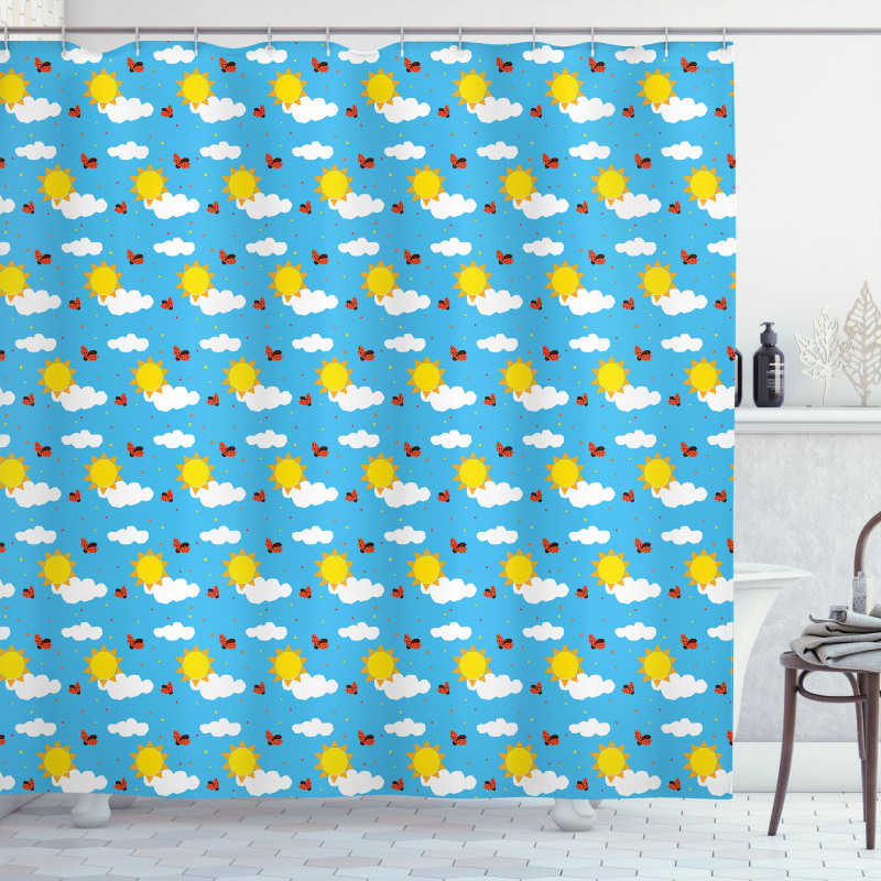 Sky Cartoon with Fluffy Clouds Shower Curtain