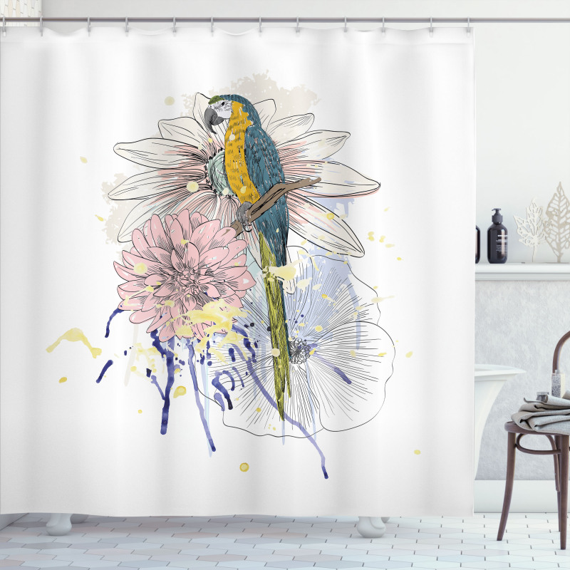 Parrot on Flower Bouquet Shower Curtain