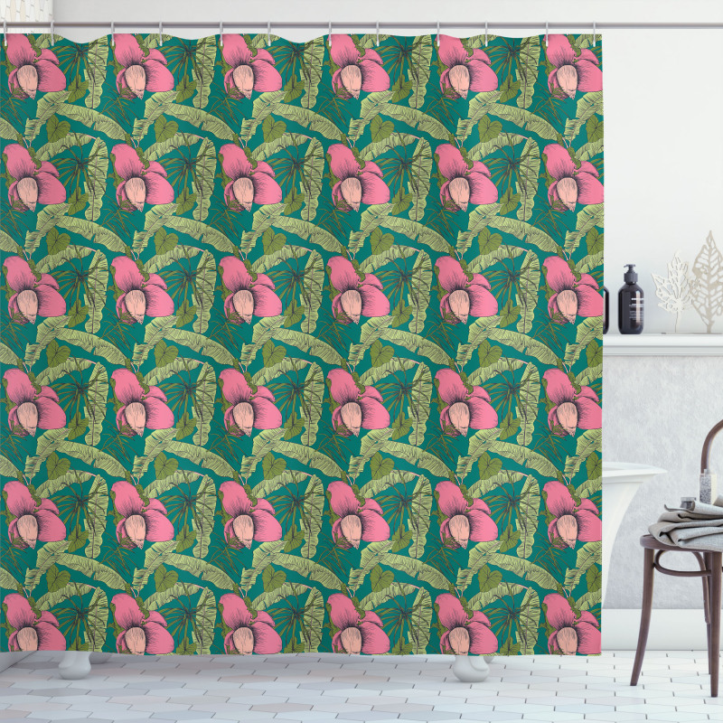 Banana Leaves Hibiscus Shower Curtain