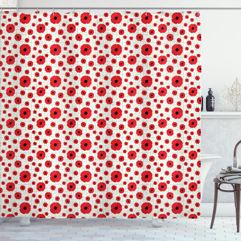 Vivid Blossoms on a Pale Grid Shower Curtain
