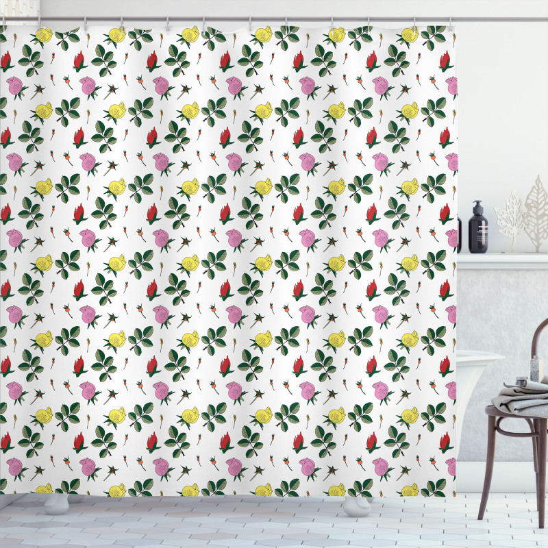 Colorful Rose Buds Leaves Shower Curtain