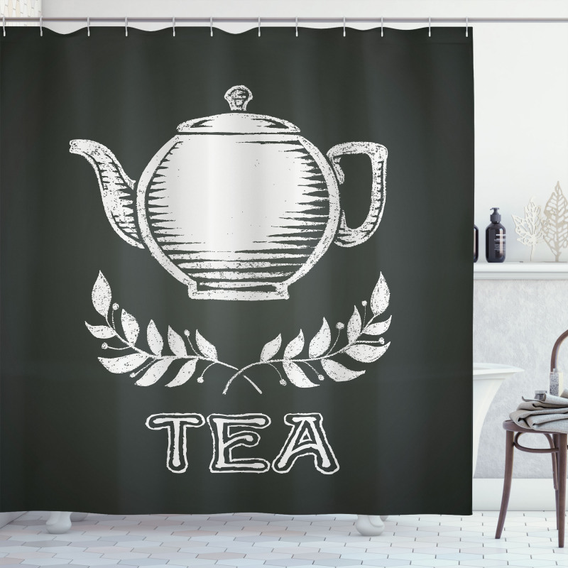 Teapot Leaf Branches Chalkboard Shower Curtain