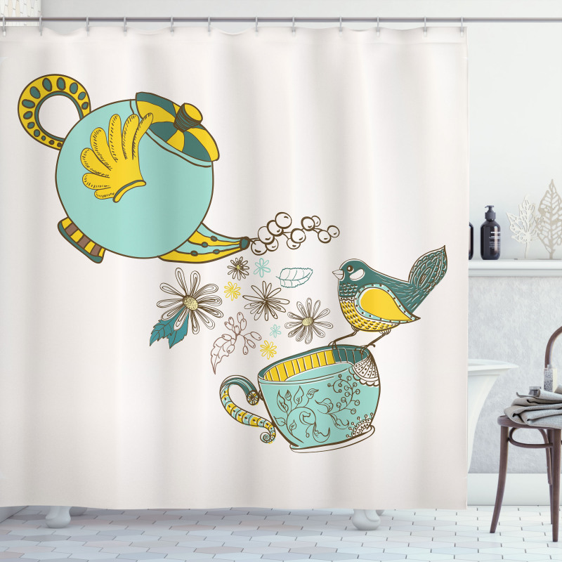 Bird Flowers Winged Pot Art Shower Curtain