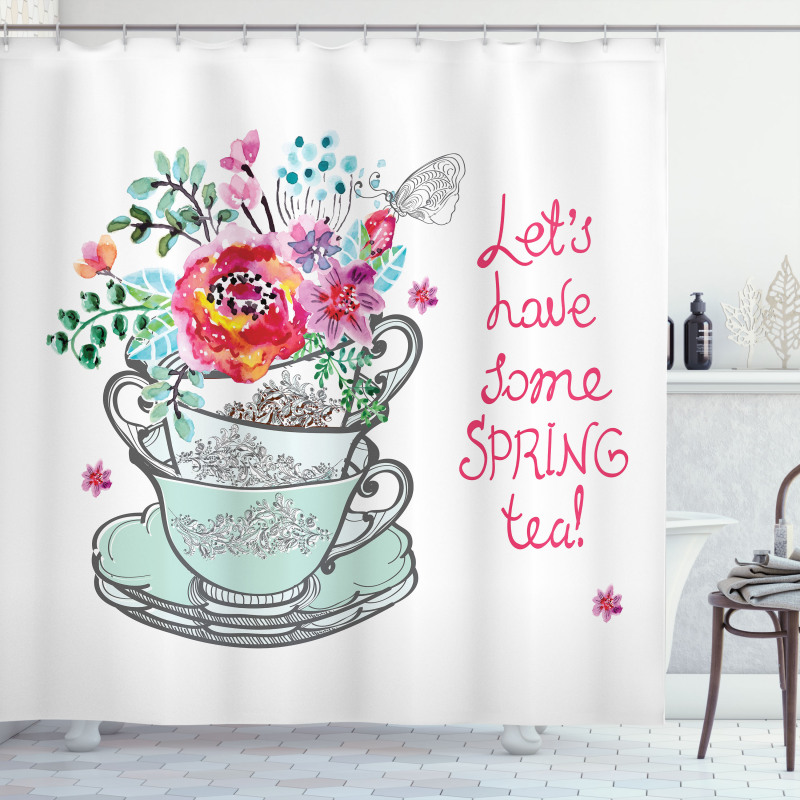 Lets Have Some Spring Tea Text Shower Curtain