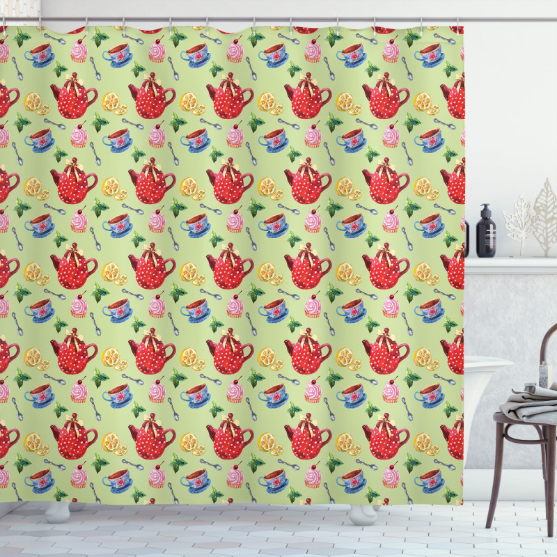 Teapots with Polka Dots Lemons Shower Curtain