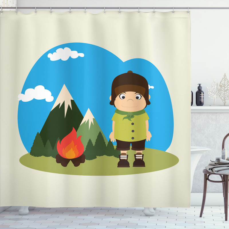 Kid Campfire on Mountains Shower Curtain