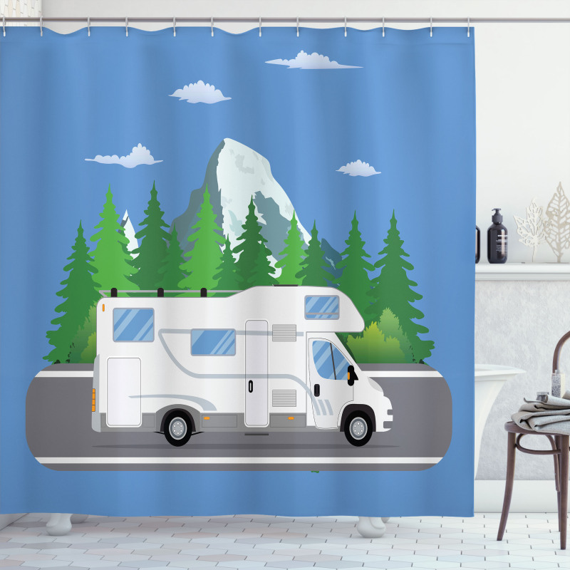 Retro Trailer on Road Forest Shower Curtain