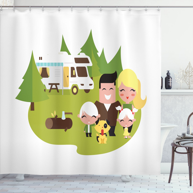 Happy Camper Family in Woods Shower Curtain