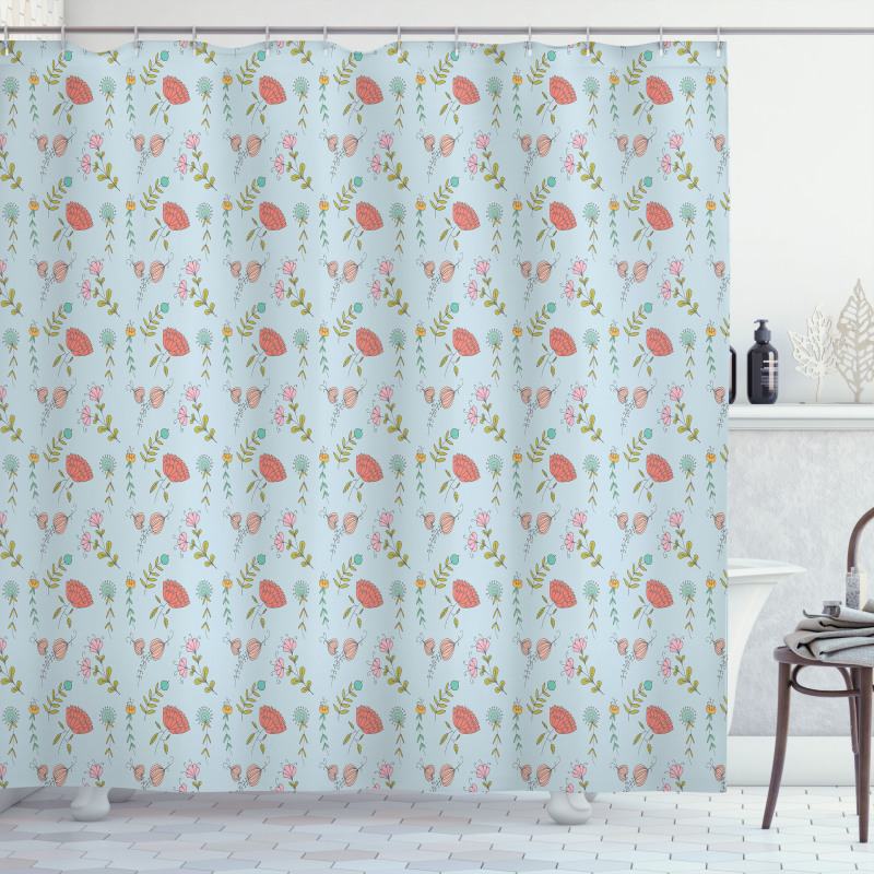 Doodle Blossoms Leaves Shower Curtain