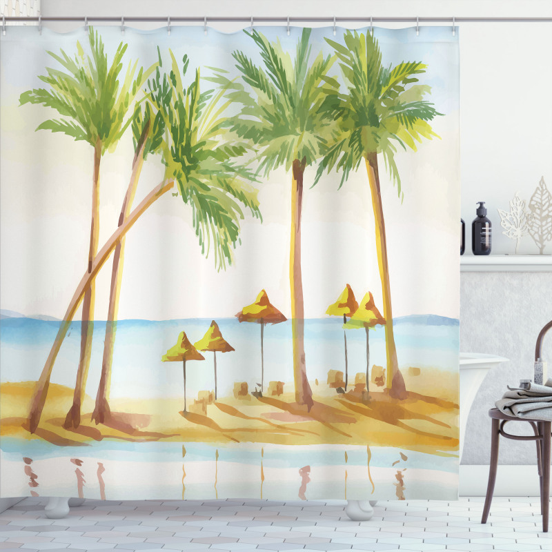 Sandy Beach and Palm Trees Shower Curtain