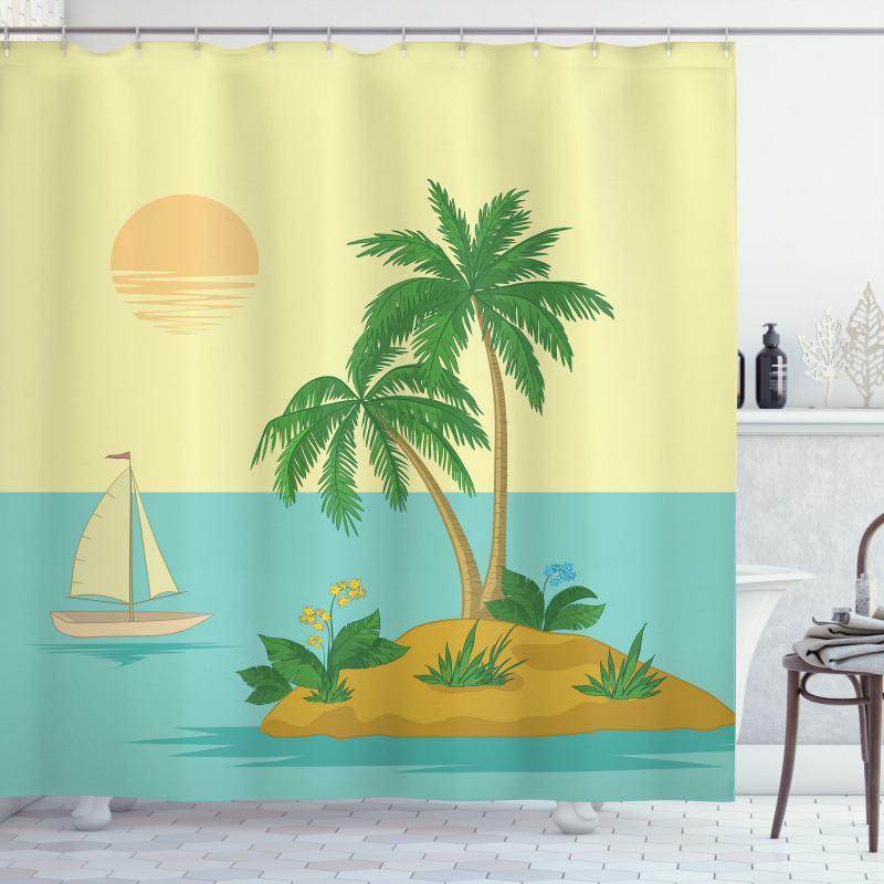 Tropical Palm Tree and Boat Shower Curtain