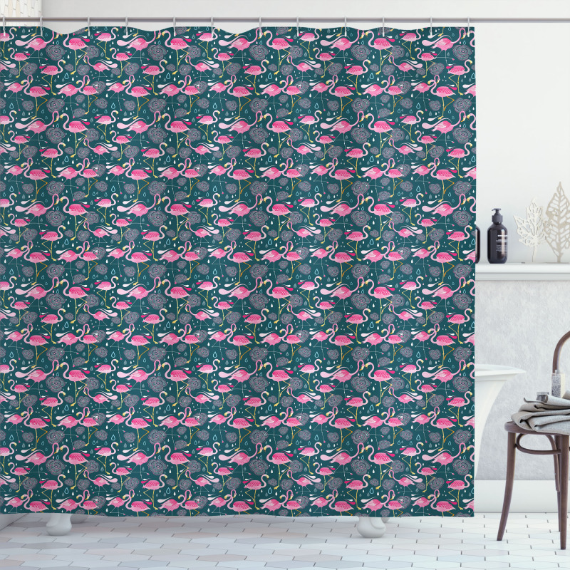 Exotic Pink Birds Flowers Shower Curtain