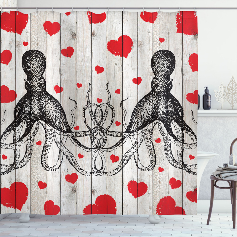 Octopus Sketch and Hearts Shower Curtain