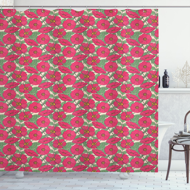 Pink Dog Roses Leaves Shower Curtain