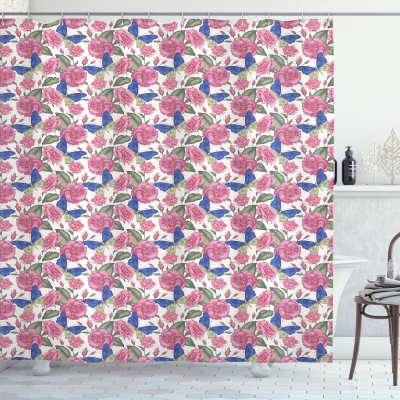 Butterflies Pink Flowers Shower Curtain