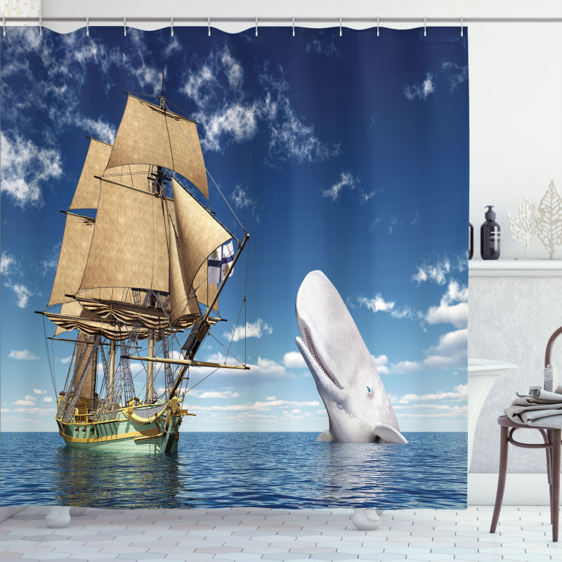 Pirate Ship and Mammal Fish Shower Curtain