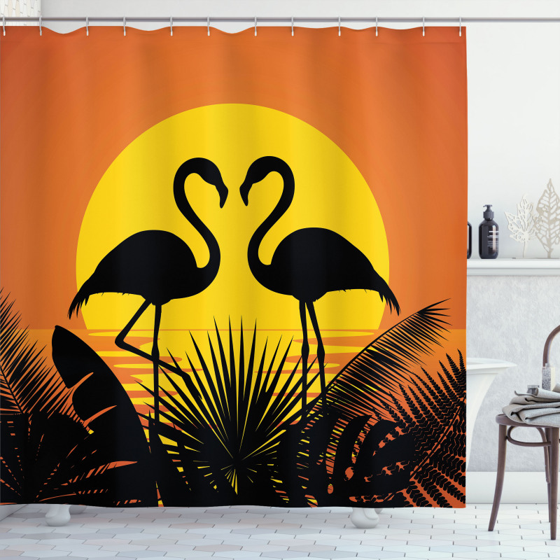 Sunset Flamingo Leaves Shower Curtain