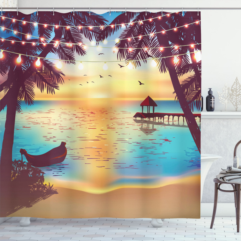 Calm Coast with Boat and Pier Shower Curtain