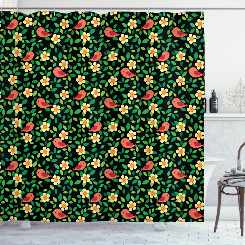 Petals Leaves and Tiny Birds Shower Curtain