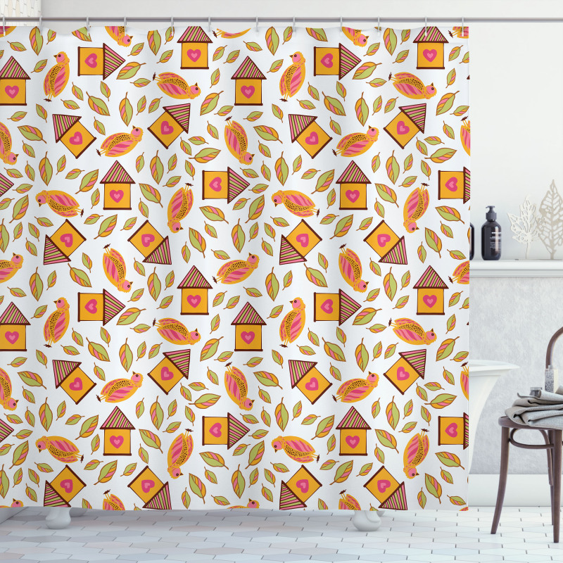 Birds Tiny Houses and Leaves Shower Curtain