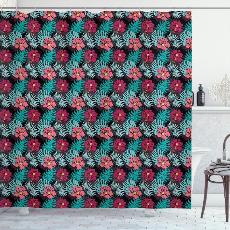 Hibiscus Monstera Leaves Shower Curtain