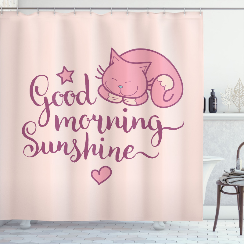 Sleeping Pink Cat and Text Shower Curtain