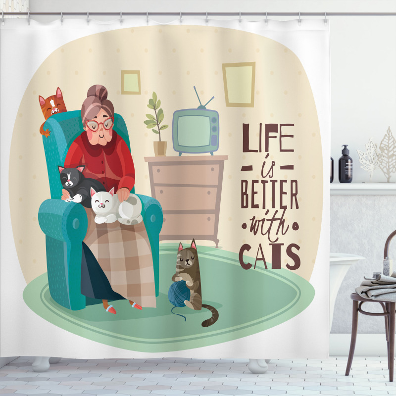 Lady in Armchair and Kitten Shower Curtain