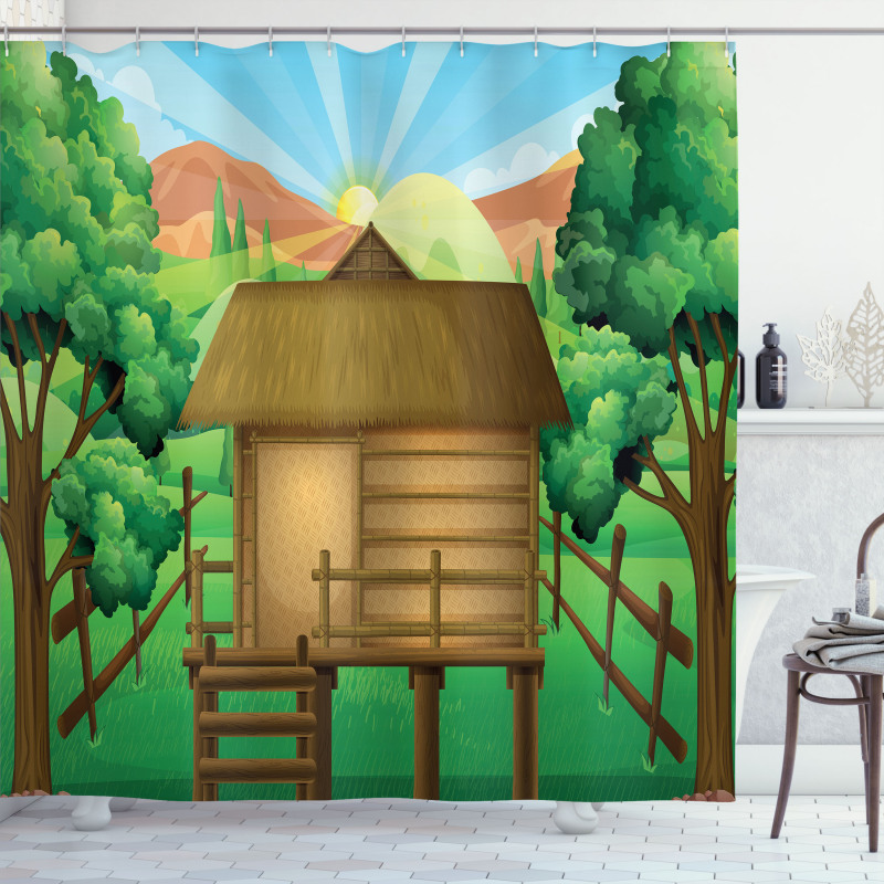 Wooden Hut Shelter and Sun Shower Curtain