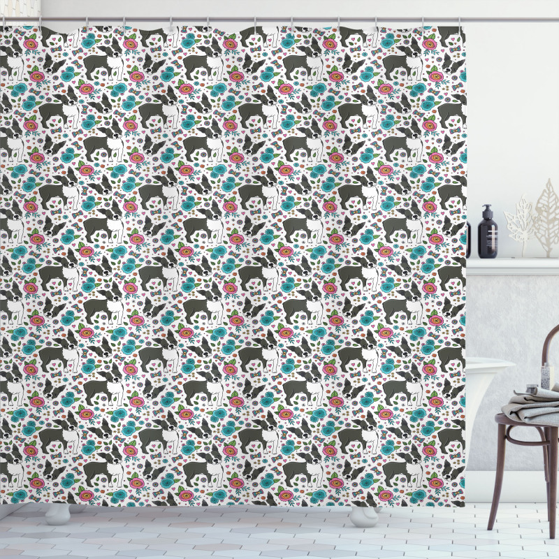 Boston Terriers and Flowers Shower Curtain