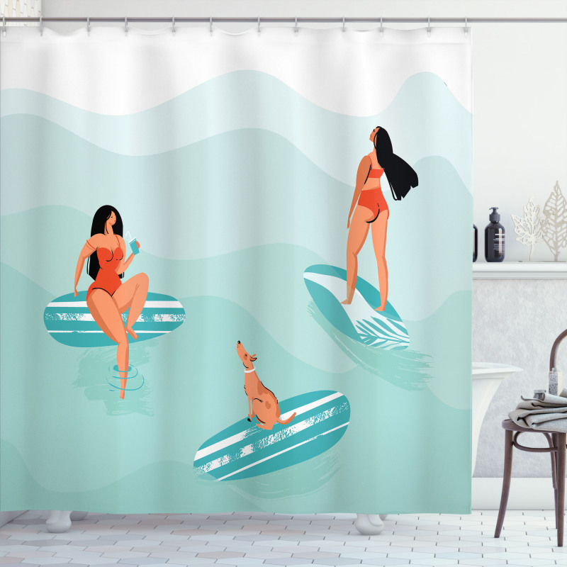 Surfing Girls with a Dog Shower Curtain