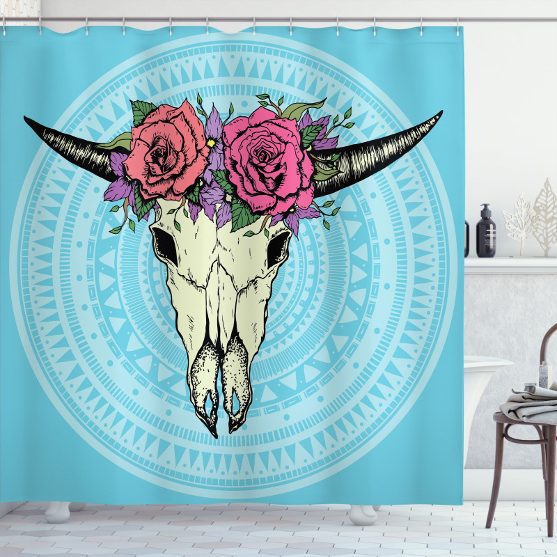 Buffalo Skull with Flowers Shower Curtain