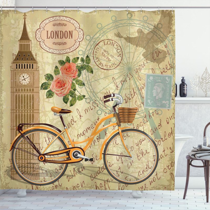 Stamp Big Ben and Bicycle Shower Curtain