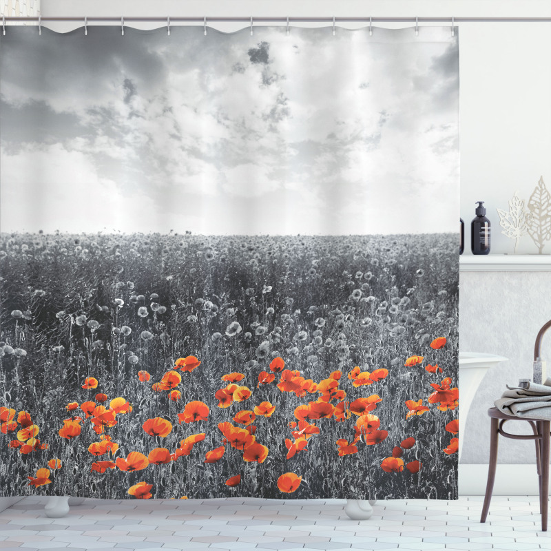 Flower Field Greyscale Design Shower Curtain