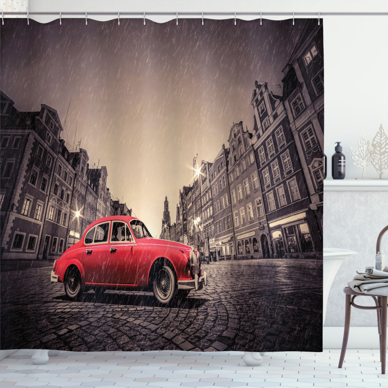 Retro Car on Cobblestone Road Shower Curtain