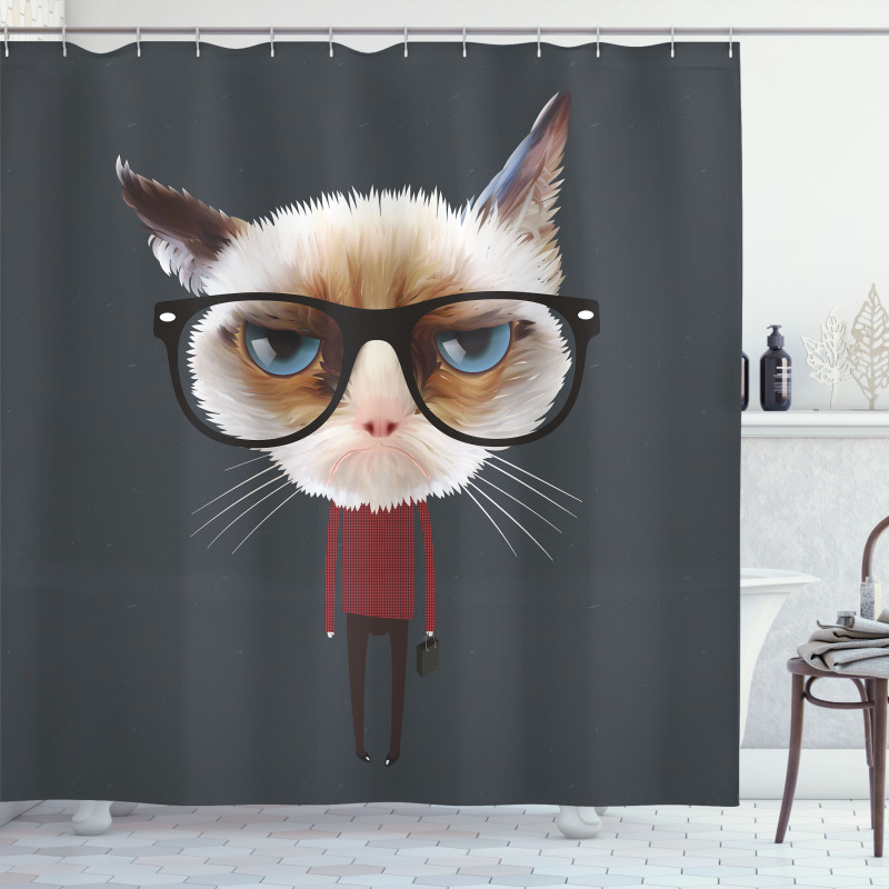 Hipster Feline with Giant Head Shower Curtain