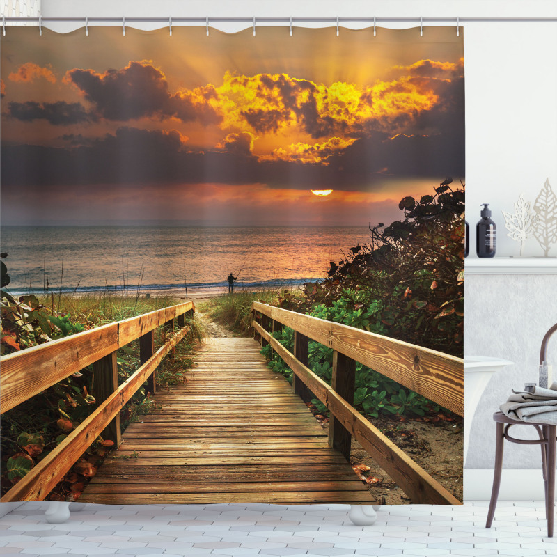 Wooden Pier Sunset Beach Shower Curtain
