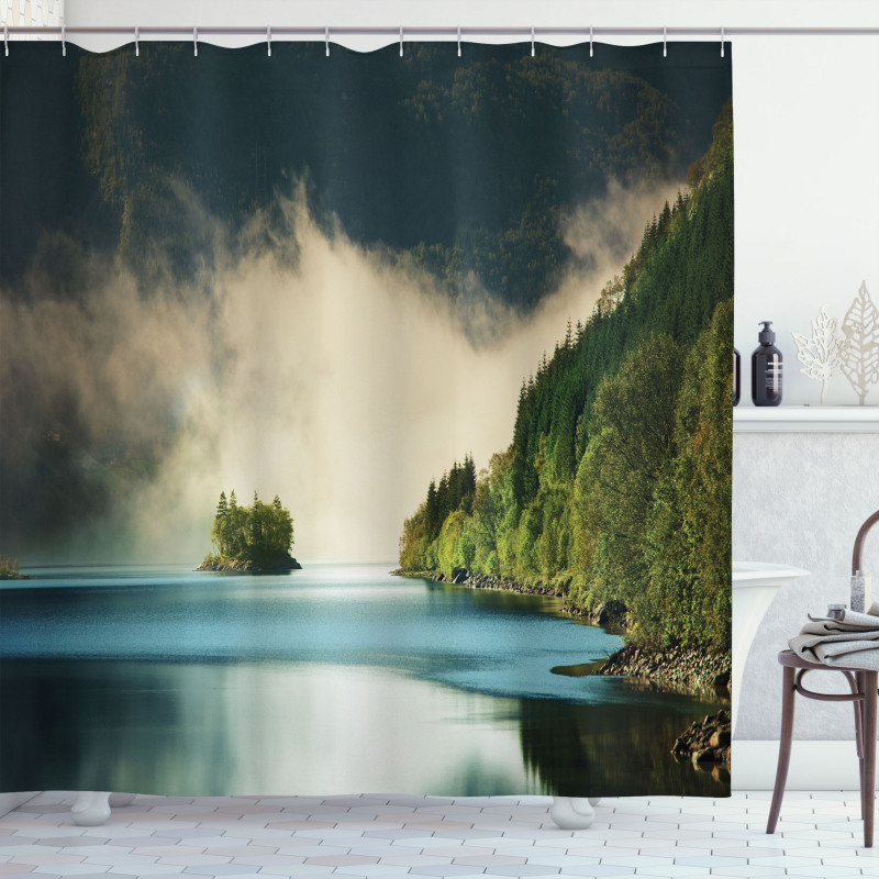 Foggy Mountain Reflection View Shower Curtain