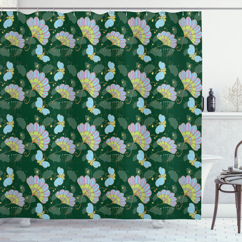 Cartoonish Flowers Butterfly Shower Curtain