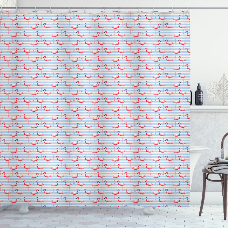 Birds on Marine Stripes Shower Curtain