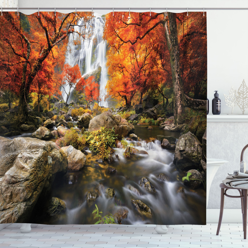 Autumn River Stream on Rocks Shower Curtain