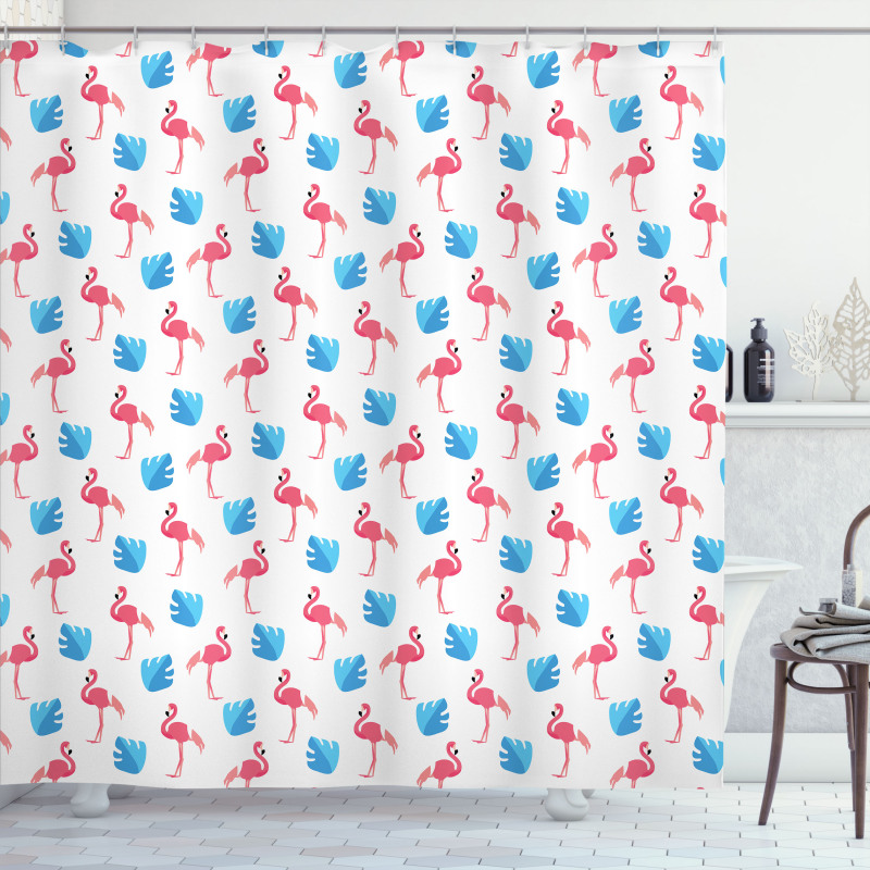 Flamingo Birds Palm Leaves Shower Curtain