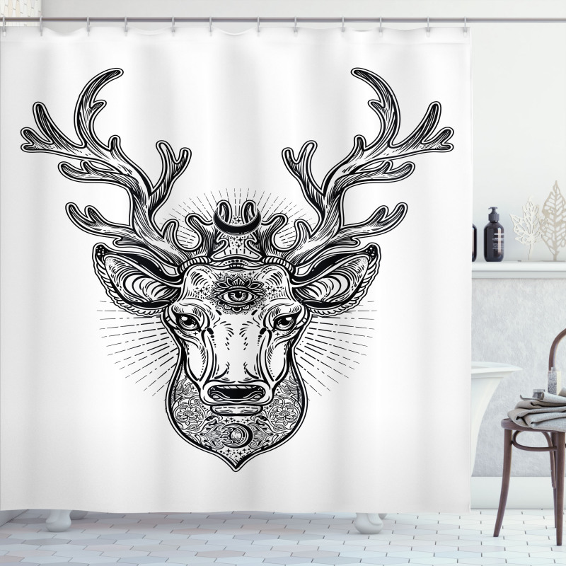 Ornate Deer Head Moon Antlers Shower Curtain