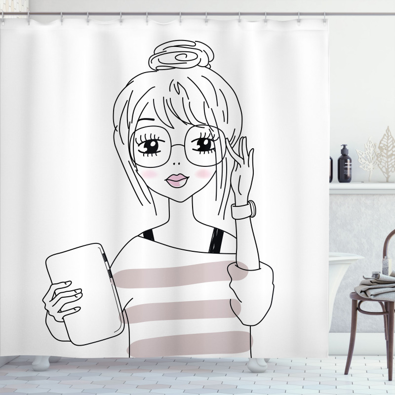 Sketchy Hipster Girl Tablet Shower Curtain